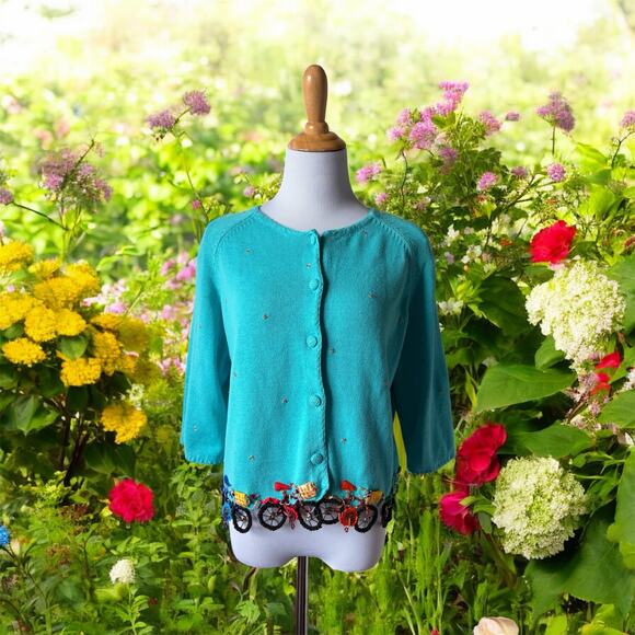 VTG Y2k Unique Funky Michael Simon Hanging Beaded Bicycles 3/4 Sleeve Cardigan - Picture 3 of 10